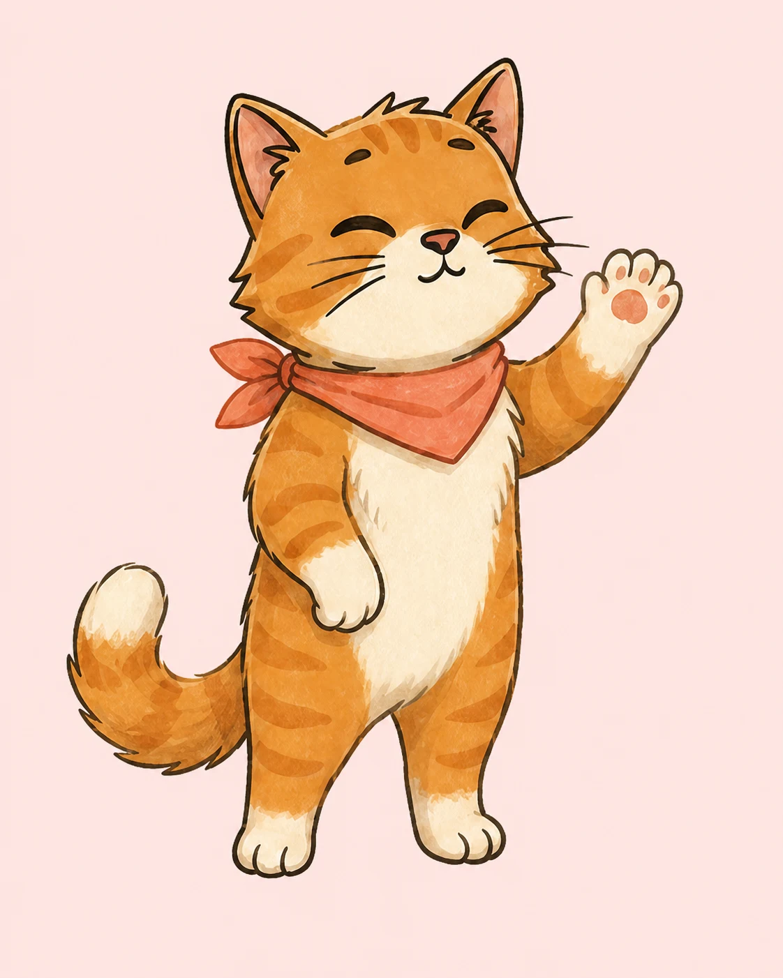 Pompon, le chat orange au foulard rouge, salue de la patte